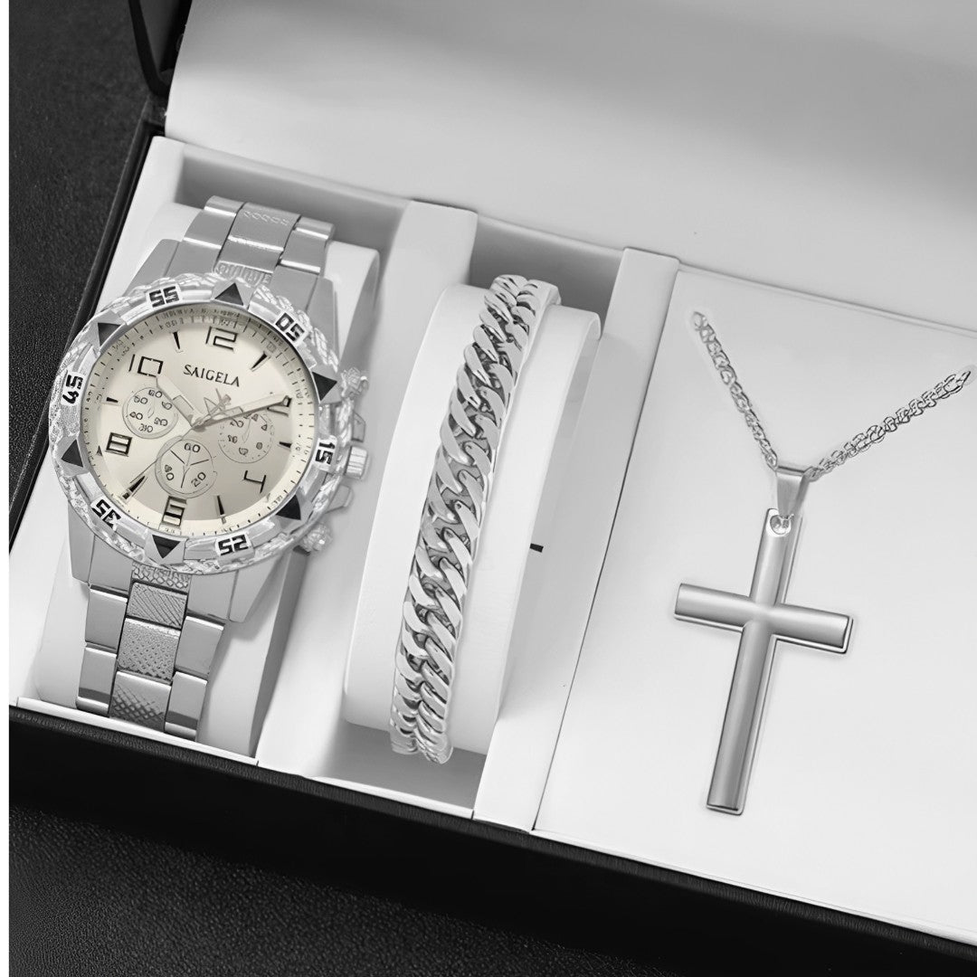 ⌚ Kit Premium Masculino 3 Peças – Relógio + Pulseira + Colar Cruz (30% OFF)