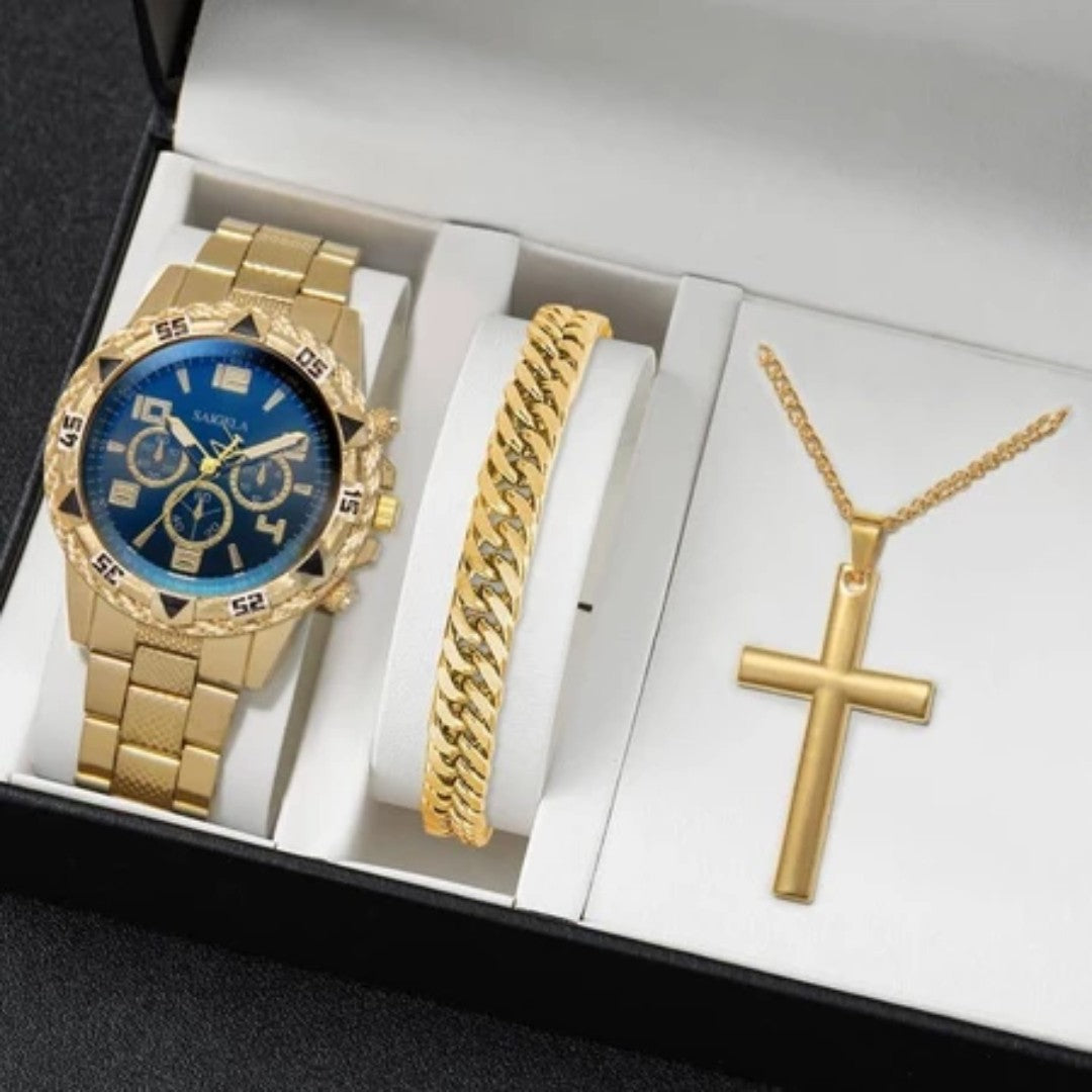 ⌚ Kit Premium Masculino 3 Peças – Relógio + Pulseira + Colar Cruz (30% OFF)